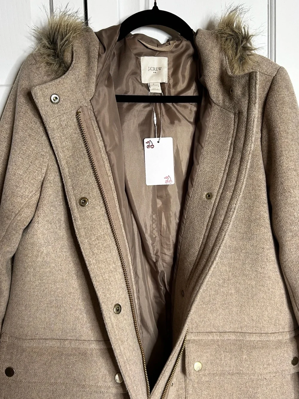 J. Crew Taupe Hooded Wool-Blend Trench Coat with Faux Fur Trim